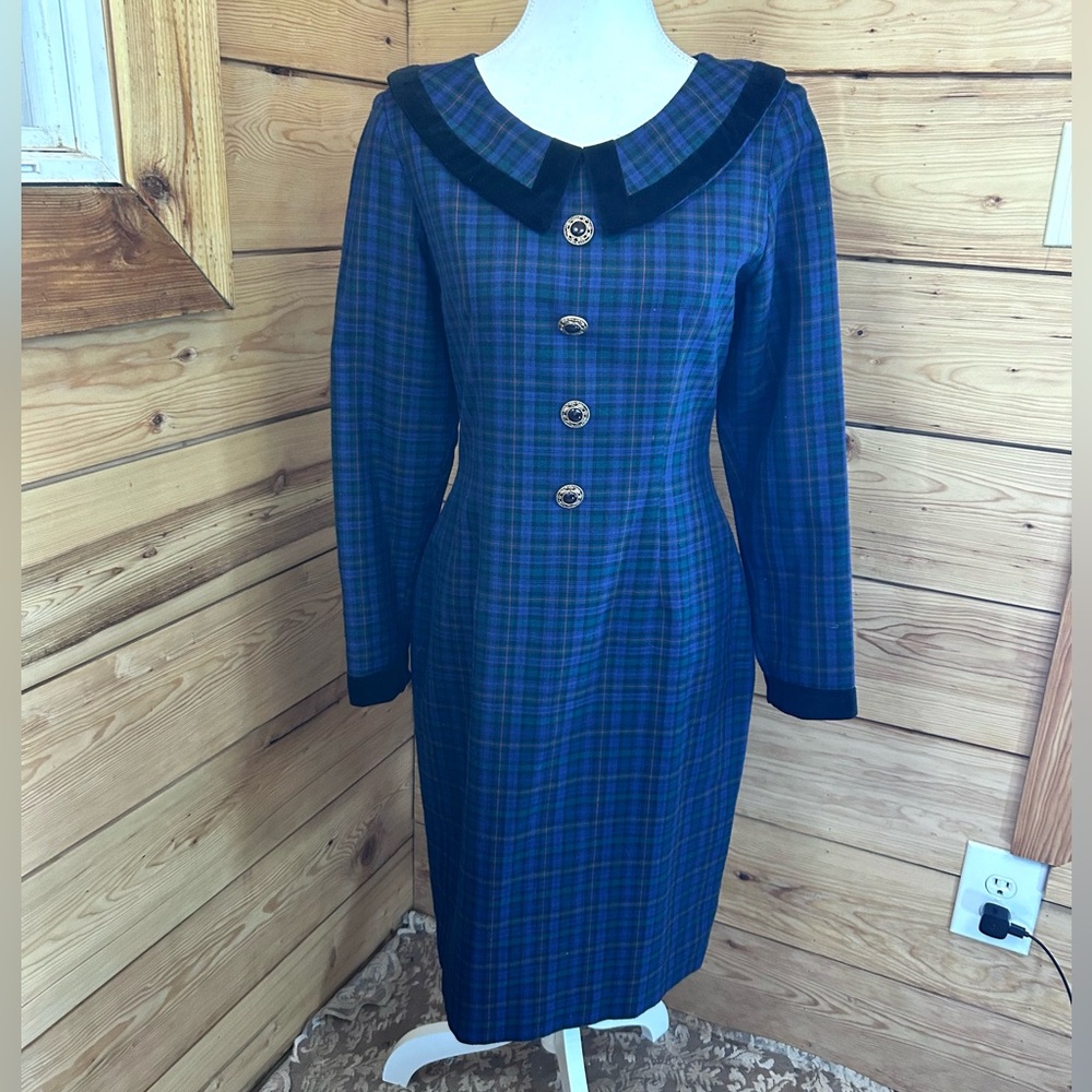 Vintage Plaid Midi Dress Velvet Peter Pan Collar‎ Structured Women’s Medium Wool